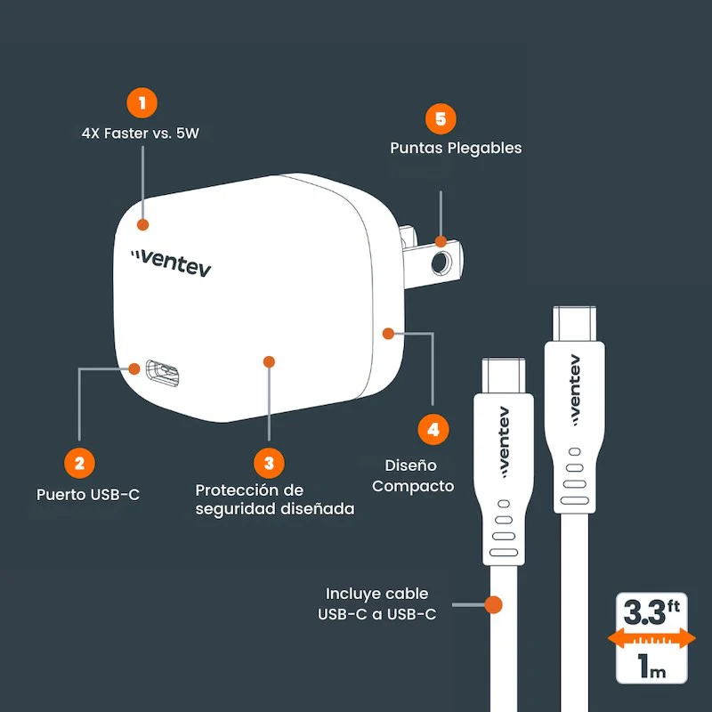 ADAPTADOR VENTEV DE PARED 20W USB-C + CABLE USB-C WHITE - Image 3