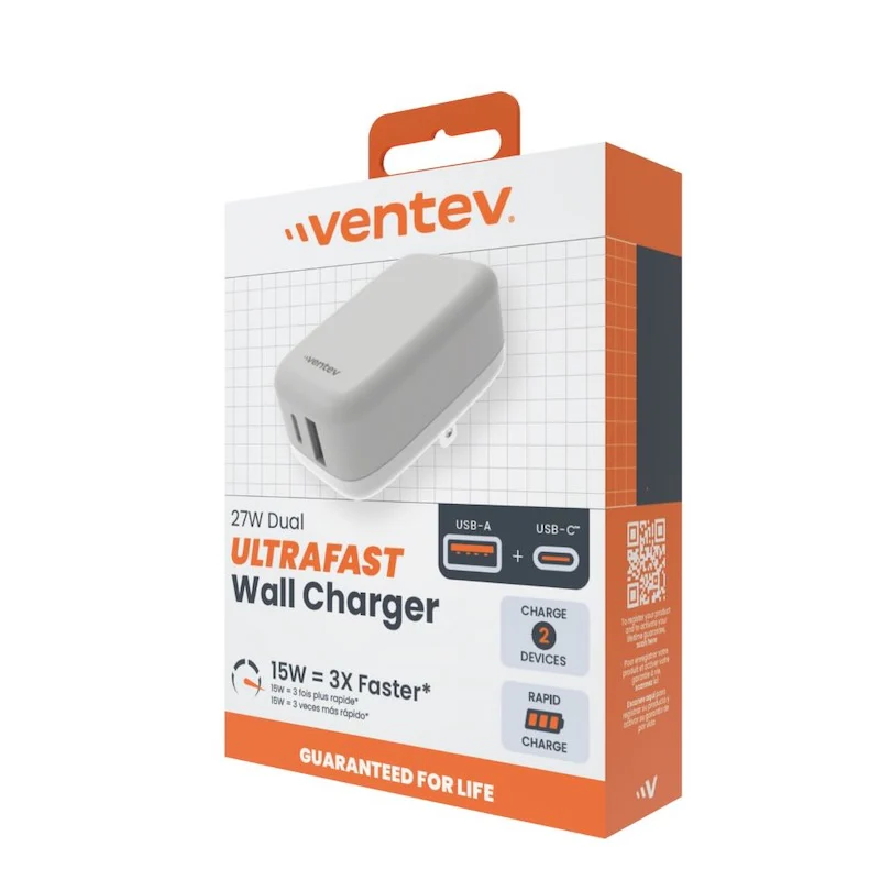 ADAPTADOR VENTEV DE PARED 27W 2 PUERTOS USB-A / USB-C WHITE - Image 3