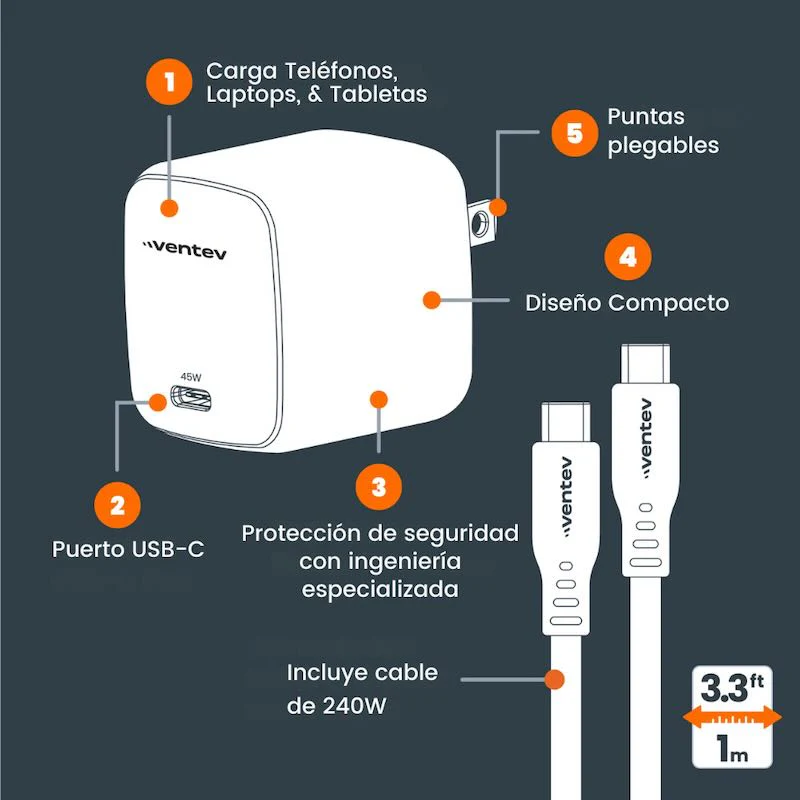 ADAPTADOR VENTEV DE PARED 45W + CABLE DE CARGA 240W USB-C - Image 3
