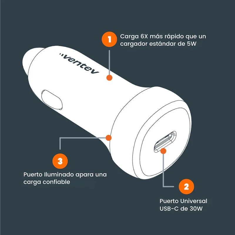 ADAPTADOR VENTEV PARA CARRO 30W USB-C GREY - Image 4