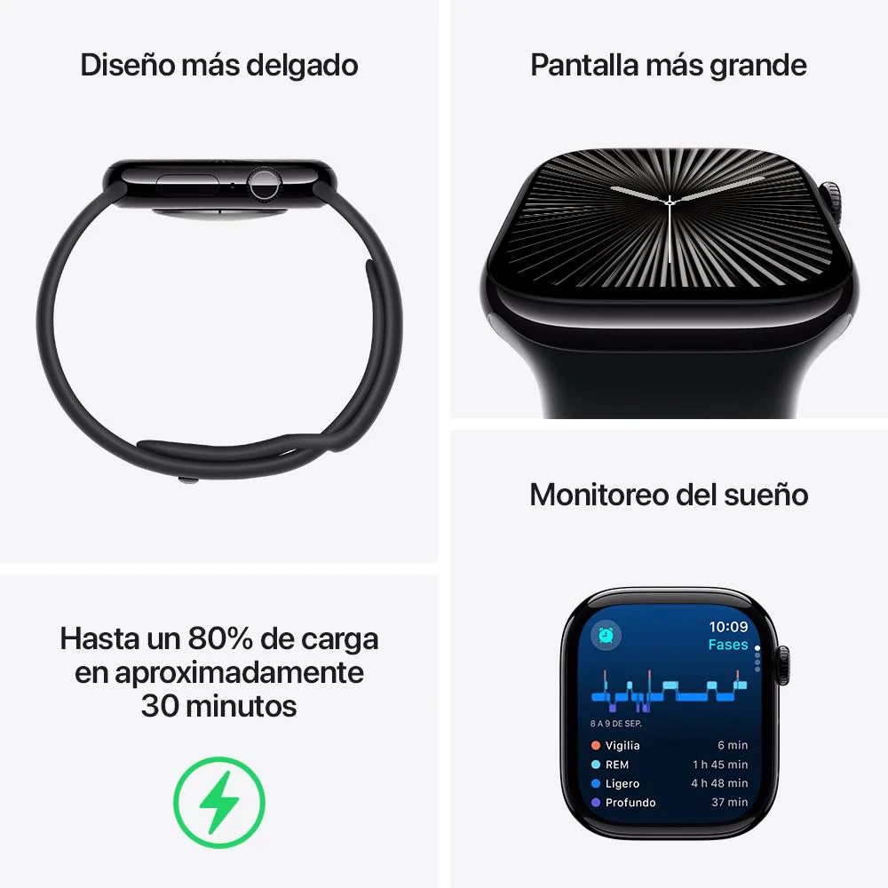 Apple Watch Series 10 GPS • Caja de aluminio negro azabache de 46 mm • Correa deportiva negra - S/M - Image 3