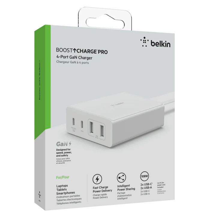 Cargador Belkin 108w - USB-C GAN PD 96w Max / USB-C GAN PD 30w GAN / USB-A 12w x 2 - Blanco - Image 4