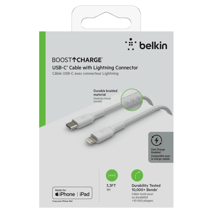 Cable Belkin USB-C a Lightning - 1M - Trenzado - Blanco - Image 4