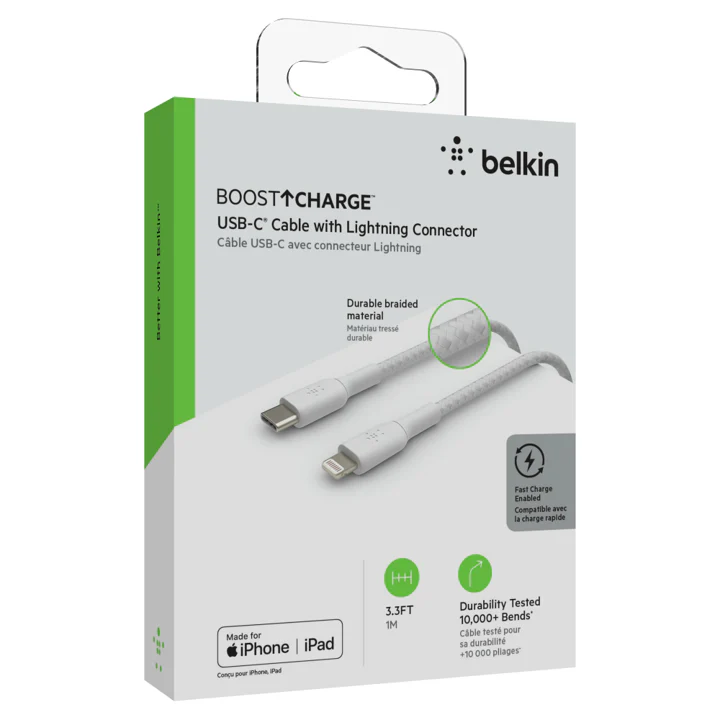Cable Belkin USB-C a Lightning - 1M - Trenzado - Blanco - Image 5