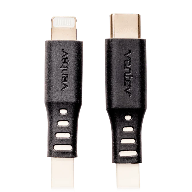 Cable Plano VENTEV USB-C a Lightning de 3Pies - Blanco/Negro - Image 2
